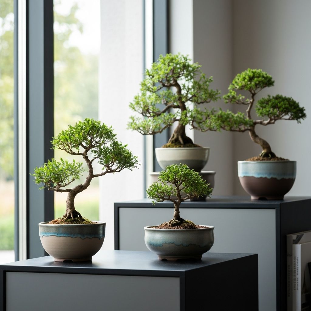 Plantas bonsái en macetas modernas decorando un espacio interior